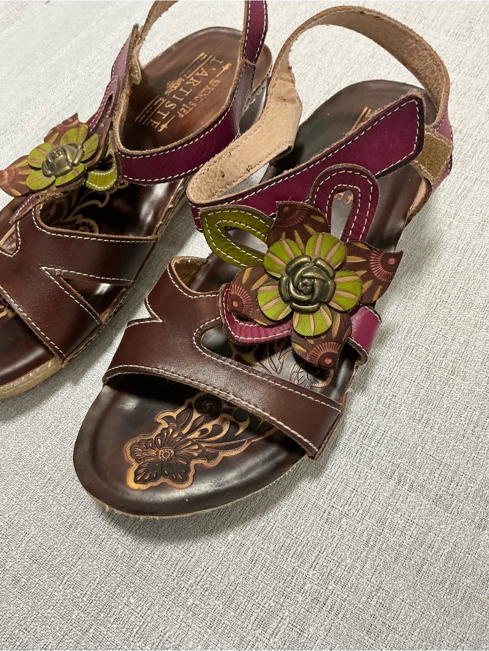 L’Artiste by Spring Step Brown Leather Floral Wedge Sandals EU 37 US 6.5-7